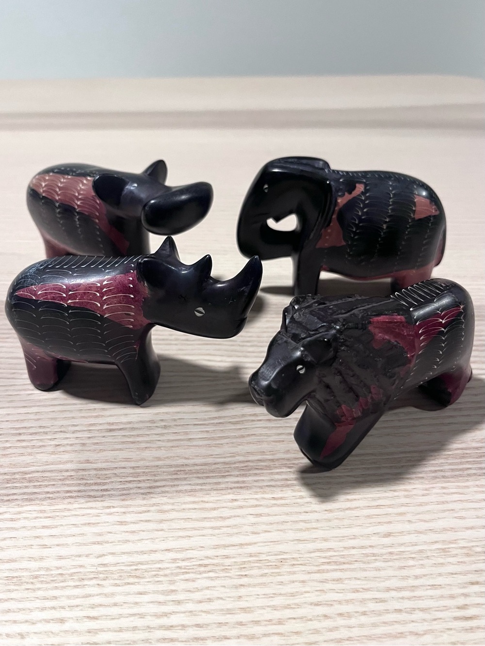Set of 4 carved vintage African soap stone animals. Rhino, hippo, lion, elephant